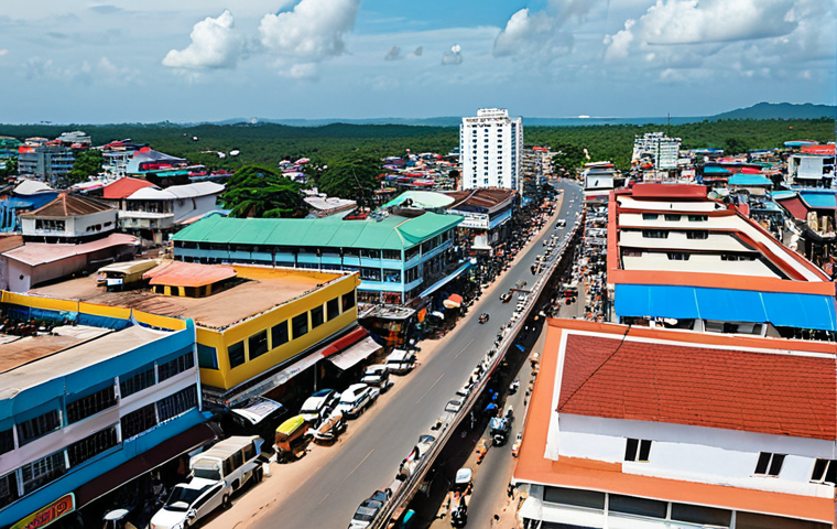 **

> Bustling cityscape of Sihanoukville, Cambodia, showcasing a blend of traditional coastal town and modern industrial zone. Capture the contrast between older, smaller buildings and rising skyscrapers. Include busy streets filled with vehicles and people, reflecting the rapid economic transformation. Incorporate elements of the coast, suggesting its location. Style: realistic, vibrant colors.

**