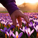 A highly detailed, close-up shot capturing the delicate beauty of purple saffron crocus flowers in a sun-drenched field at dawn. Emphasize the precious crimson stigmas being meticulously hand-harvested by a person's skilled hands. The scene should convey the rarity, natural elegance, and the painstaking effort involved in collecting "red gold," with soft, ethereal lighting highlighting the preciousness of each flower.