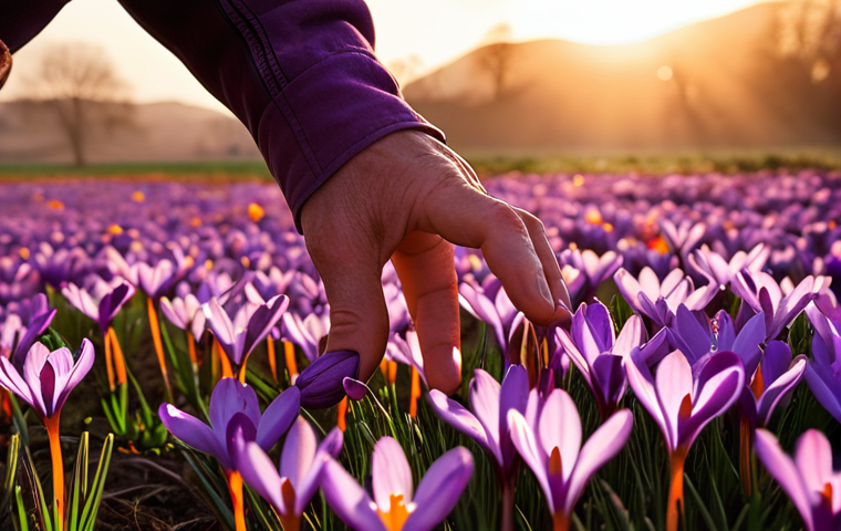 A highly detailed, close-up shot capturing the delicate beauty of purple saffron crocus flowers in a sun-drenched field at dawn. Emphasize the precious crimson stigmas being meticulously hand-harvested by a person's skilled hands. The scene should convey the rarity, natural elegance, and the painstaking effort involved in collecting "red gold," with soft, ethereal lighting highlighting the preciousness of each flower.