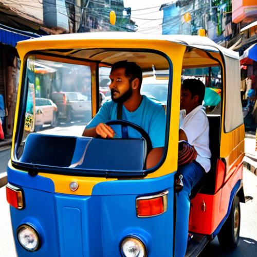 A male traveler in modest, comfortable attire is seated in a brightly colored Tuk-tuk, engaging in a friendly conversation with the local male driver. They are navigating a bustling, narrow street in a vibrant city, filled with colorful street vendors and small shops. The atmosphere is lively and authentic, with warm light illuminating the scene. perfect anatomy, correct proportions, natural pose, well-formed hands, proper finger count, natural body proportions, professional photography, high quality, safe for work, appropriate content, fully clothed, family-friendly.