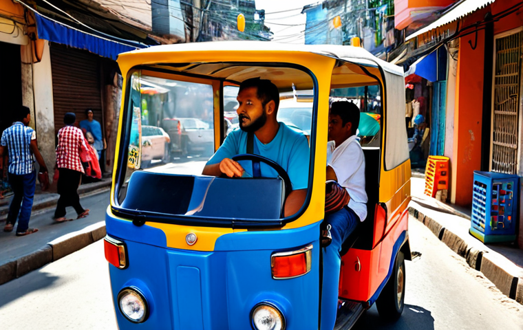 A male traveler in modest, comfortable attire is seated in a brightly colored Tuk-tuk, engaging in a friendly conversation with the local male driver. They are navigating a bustling, narrow street in a vibrant city, filled with colorful street vendors and small shops. The atmosphere is lively and authentic, with warm light illuminating the scene. perfect anatomy, correct proportions, natural pose, well-formed hands, proper finger count, natural body proportions, professional photography, high quality, safe for work, appropriate content, fully clothed, family-friendly.