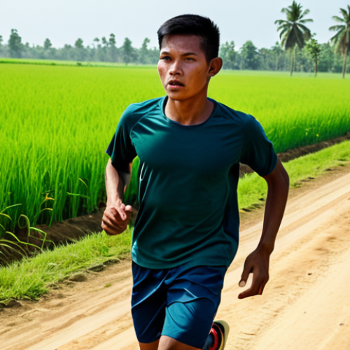 A determined young Cambodian male athlete, fully clothed in modest, functional athletic shorts and a t-shirt, running with a focused expression on a dusty, unpaved rural road through vibrant green rice fields. The scene is under a clear, sunny sky, emphasizing a simple, natural training environment. The athlete is captured mid-stride, showcasing a natural pose, perfect anatomy, and correct proportions. The image should convey professional photography quality, be realistic, and feature sharp focus, natural lighting, well-formed hands, proper finger count, and natural body proportions. This is a safe for work, appropriate content, fully clothed, family-friendly, and professional image.