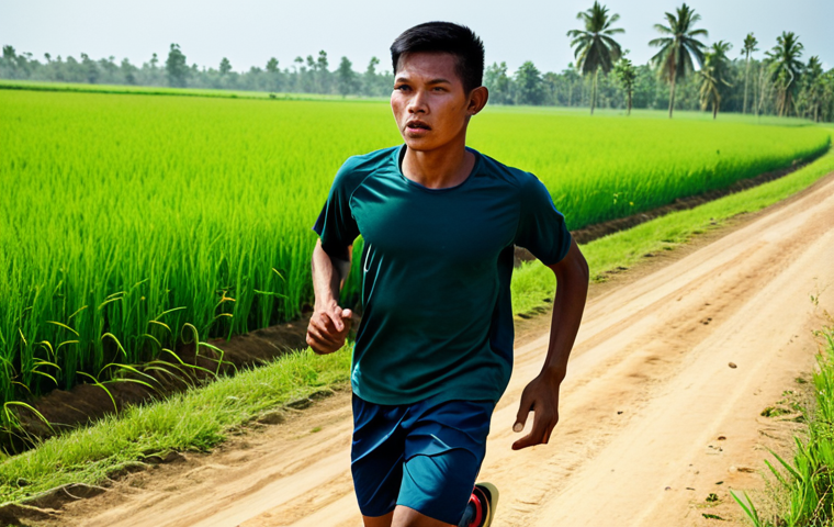 A determined young Cambodian male athlete, fully clothed in modest, functional athletic shorts and a t-shirt, running with a focused expression on a dusty, unpaved rural road through vibrant green rice fields. The scene is under a clear, sunny sky, emphasizing a simple, natural training environment. The athlete is captured mid-stride, showcasing a natural pose, perfect anatomy, and correct proportions. The image should convey professional photography quality, be realistic, and feature sharp focus, natural lighting, well-formed hands, proper finger count, and natural body proportions. This is a safe for work, appropriate content, fully clothed, family-friendly, and professional image.