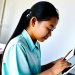 Young Cambodian Artist**

"A young Cambodian artist, fully clothed in modest, contemporary clothing, working on a digital artwork on a tablet in a bright, modern studio. The artwork on the tablet depicts a hopeful scene of reconciliation and healing. Safe for work, appropriate content, perfect anatomy, well-formed hands, professional art, family-friendly."

**