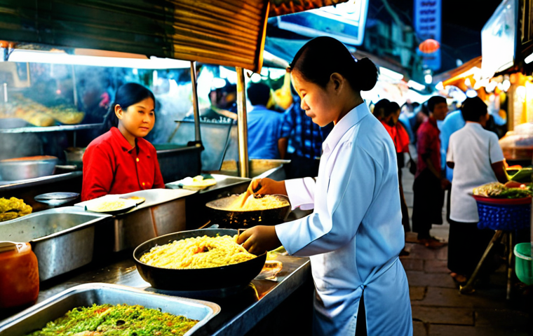 프놈펜 야시장 먹거리 - **Image Prompt 1: Street Food Vendor**
A professional food vendor in Phnom Penh Night Market, p...