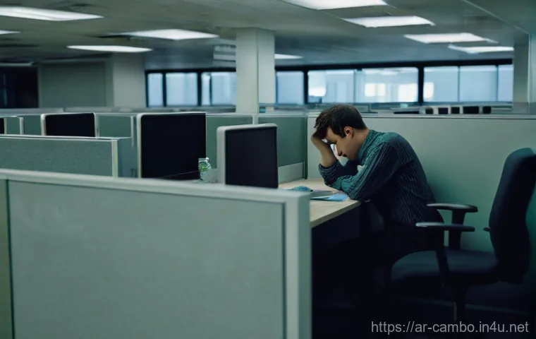 캄보디아 외국인 체포 사례 - The Trapped Worker**
    A young adult, appearing exhausted and distressed, sits at a simple cubicle...