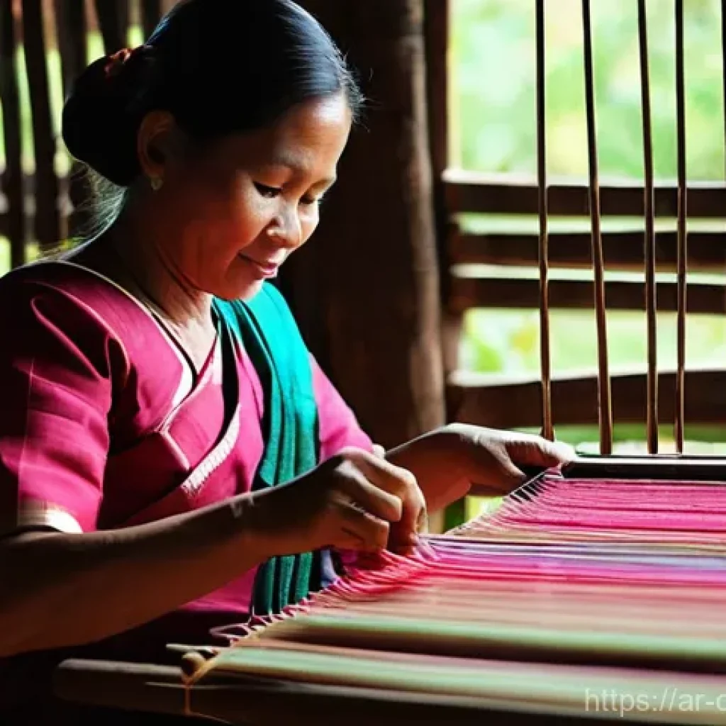 캄보디아 전통 공예 장인 - **Cambodian Silk Weaving:**
    "A close-up of a skilled Cambodian female artisan in her early 40s, ...