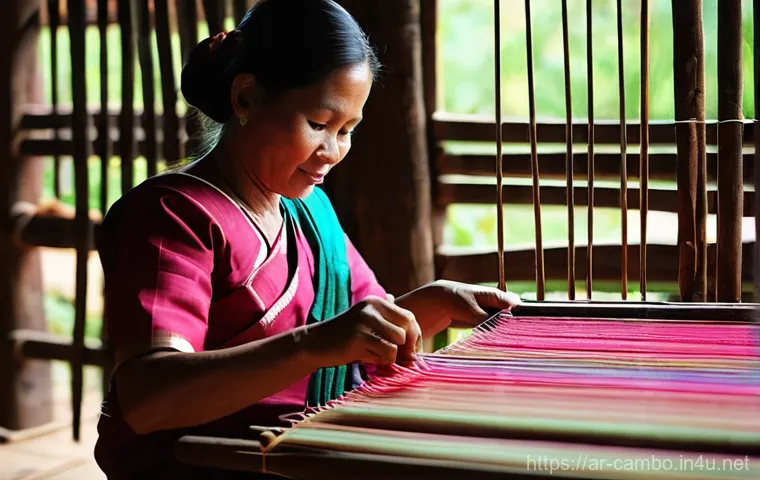캄보디아 전통 공예 장인 - **Cambodian Silk Weaving:**
    "A close-up of a skilled Cambodian female artisan in her early 40s, ...