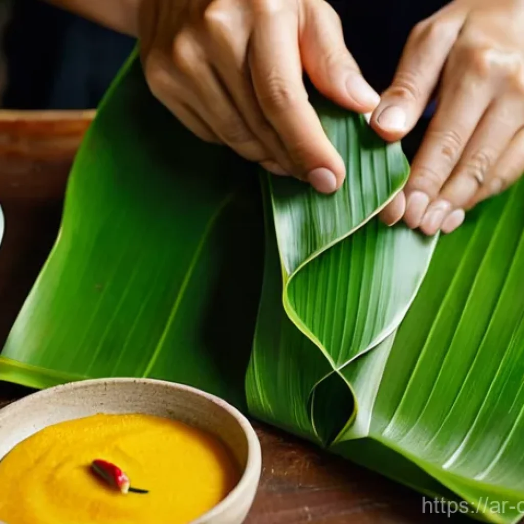 캄보디아 아목 트레이 - **Prompt:** A vibrant, close-up shot of a pair of hands carefully folding and tying fresh green bana...