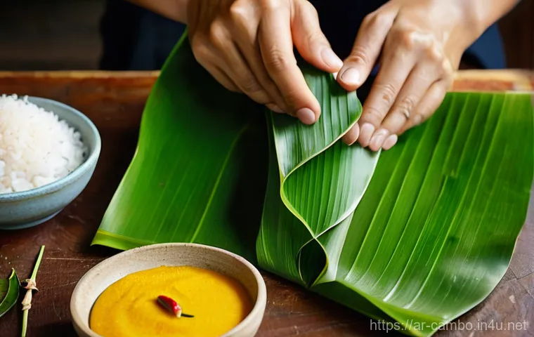 캄보디아 아목 트레이 - **Prompt:** A vibrant, close-up shot of a pair of hands carefully folding and tying fresh green bana...