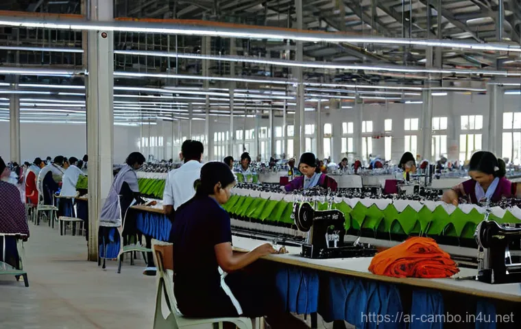 캄보디아 주요 수출품 - **Prompt 1: Modern Cambodian Textile Factory**
    "A vibrant, highly detailed, realistic photograph...