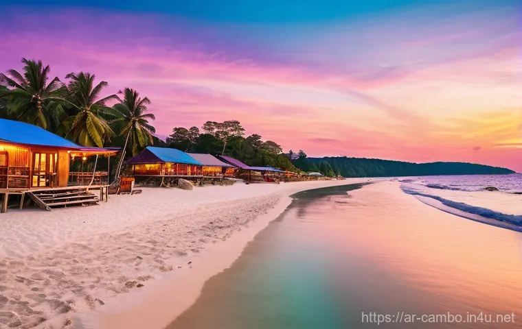 캄보디아 시하누크빌 해변 - **Prompt:** A vibrant panoramic view of Sihanoukville's beaches during sunset. On the left, a serene...