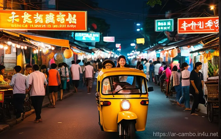 프놈펜의 야간 치안 상황 - **Prompt: "A vibrant and well-lit night scene in Phnom Penh, Cambodia, along the Sisowath Quay (Rive...