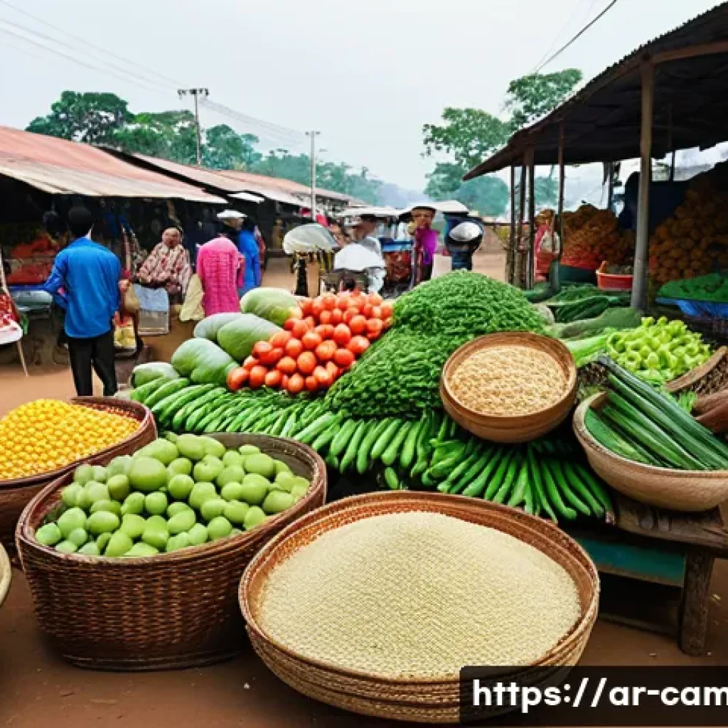 캄보디아 원조와 경제 협력 - **Prompt:** A bustling and vibrant Cambodian market scene. In the foreground, local vendors, dressed...
