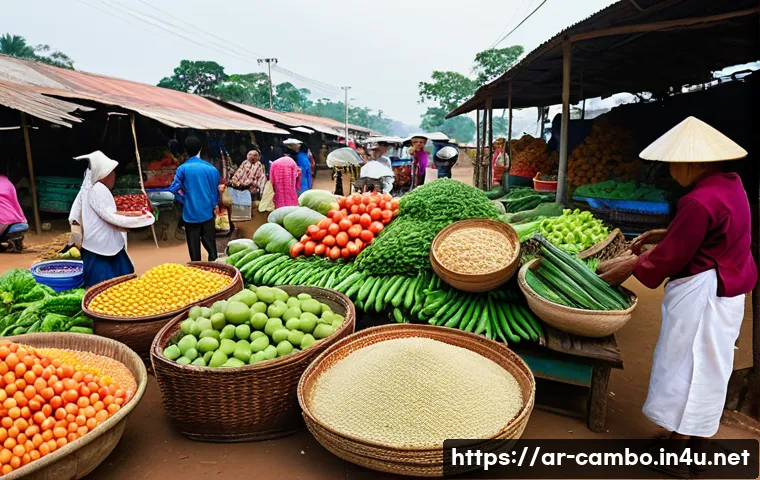 캄보디아 원조와 경제 협력 - **Prompt:** A bustling and vibrant Cambodian market scene. In the foreground, local vendors, dressed...
