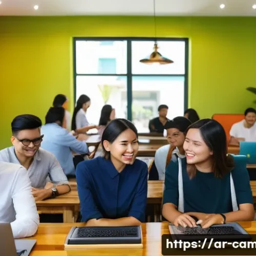 프놈펜 스타트업 생태계 - A vibrant co-working space in Phnom Penh filled with diverse young entrepreneurs collaborating on la...