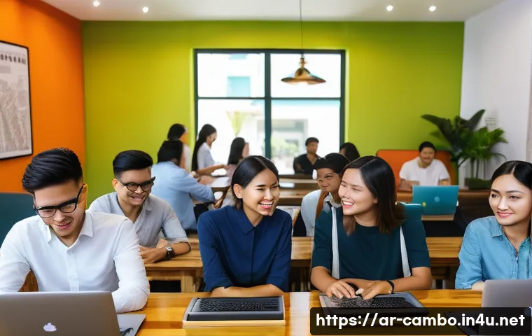 프놈펜 스타트업 생태계 - A vibrant co-working space in Phnom Penh filled with diverse young entrepreneurs collaborating on la...