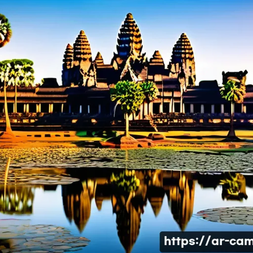 앙코르 유적군의 비밀 - A breathtaking panoramic view of Angkor Wat temple at sunrise, showcasing the complex pyramid-like s...