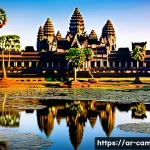 앙코르 유적군의 비밀 - A breathtaking panoramic view of Angkor Wat temple at sunrise, showcasing the complex pyramid-like s...