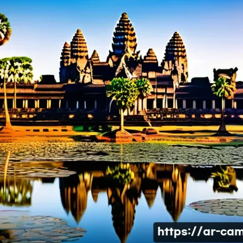 앙코르 유적군의 비밀 - A breathtaking panoramic view of Angkor Wat temple at sunrise, showcasing the complex pyramid-like s...