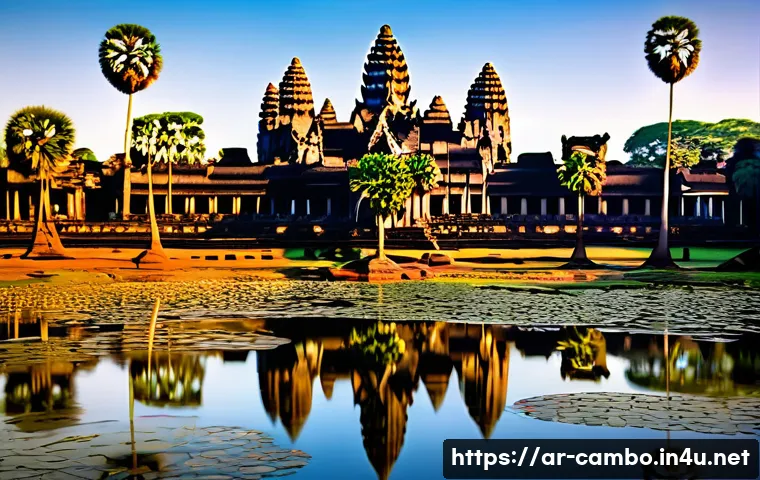 앙코르 유적군의 비밀 - A breathtaking panoramic view of Angkor Wat temple at sunrise, showcasing the complex pyramid-like s...