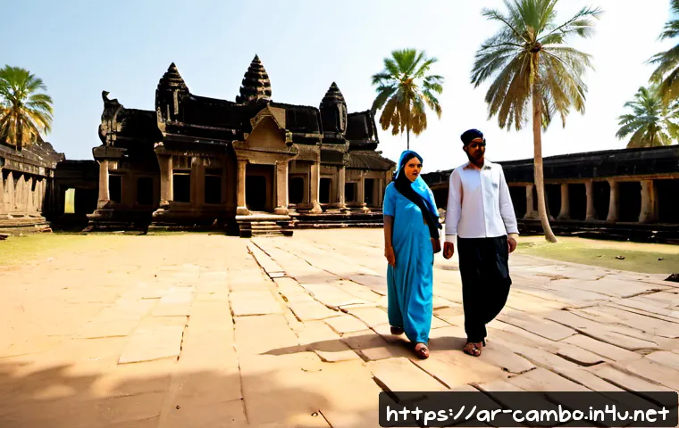 Home 17 캄보디아의 날씨와 계절 - Photorealistic travel weather scene in Cambodia during the dry season, a Middle Eastern Arab family ...